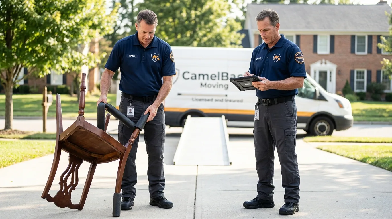 Movers inspecting furniture for damage prevention before loading in Buena, NJ