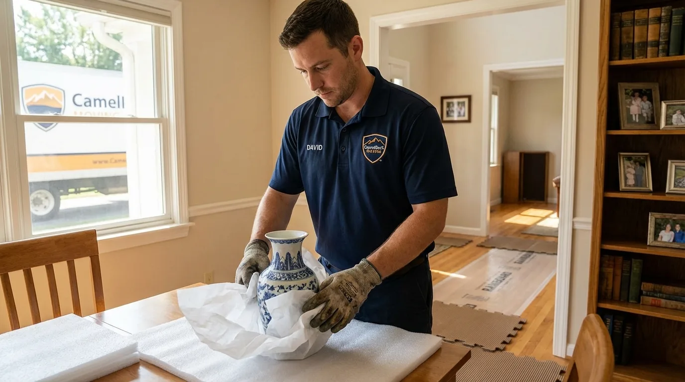 Professional crew carefully wrapping antique vase for senior downsizing move in Buena, NJ